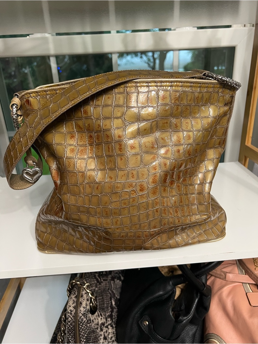 Brighton green with Metallic Gold Croc-Embossed Shoulder Bag with Fuchsia Lining